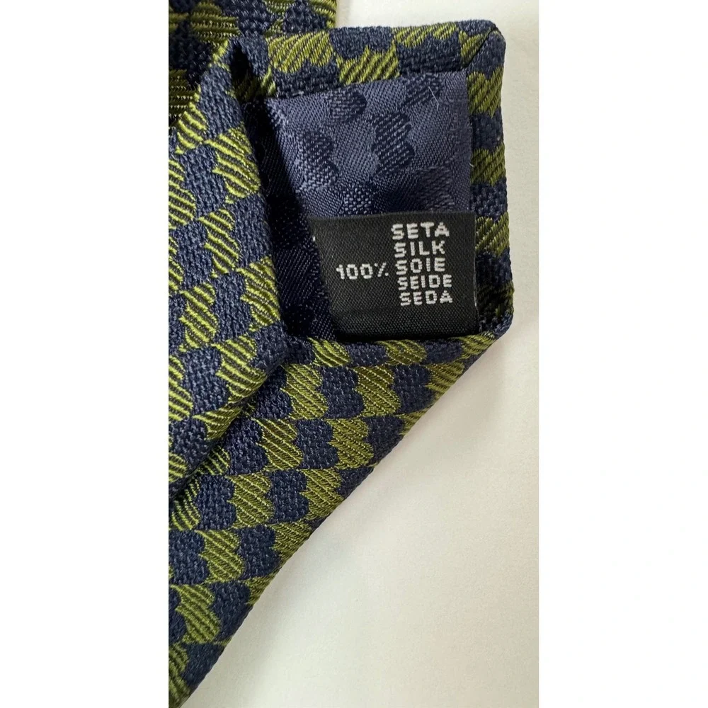 Battistoni Roma Mens Silk Tie Olive Green Navy Blue Geometric Checkerboard Italy